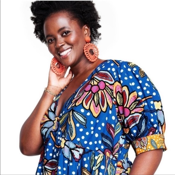 Tabitha Brown Blue Floral Polk Dot Maxi Dress Size Small - Picture 4 of 10